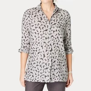 J Jill Love Linen Womens Size M Essential Shirt Gray Granite Daisy Shadow Floral